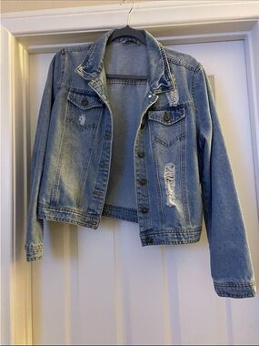 Classic Light Blue Distressed Denim Jacket - Women